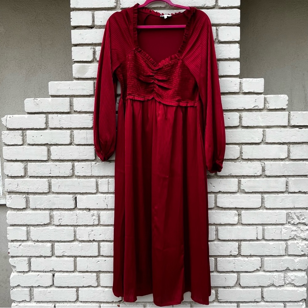 NSR Smocked Long Sleeve Tonal Stripe Dress in Burgundy - Size XL